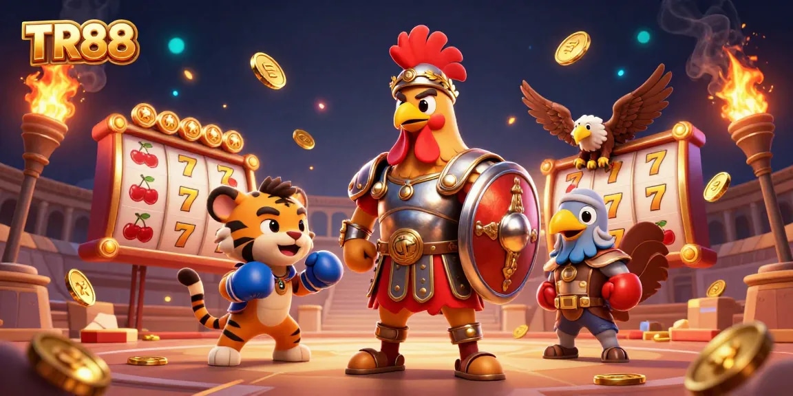 Experience the thrill of TR88 with a 3D illustration depicting a gladiator rooster, slot reels, and dynamic casino elements.