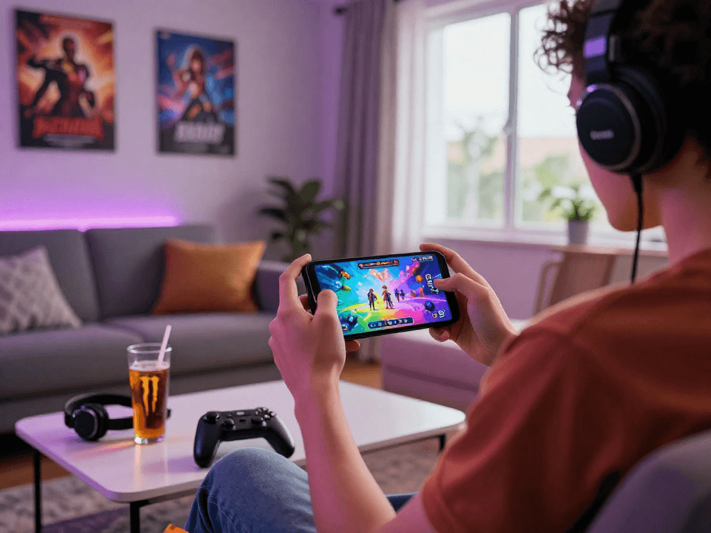 Person enjoying a mobile porn game on smartphone in a vibrant gaming setup
