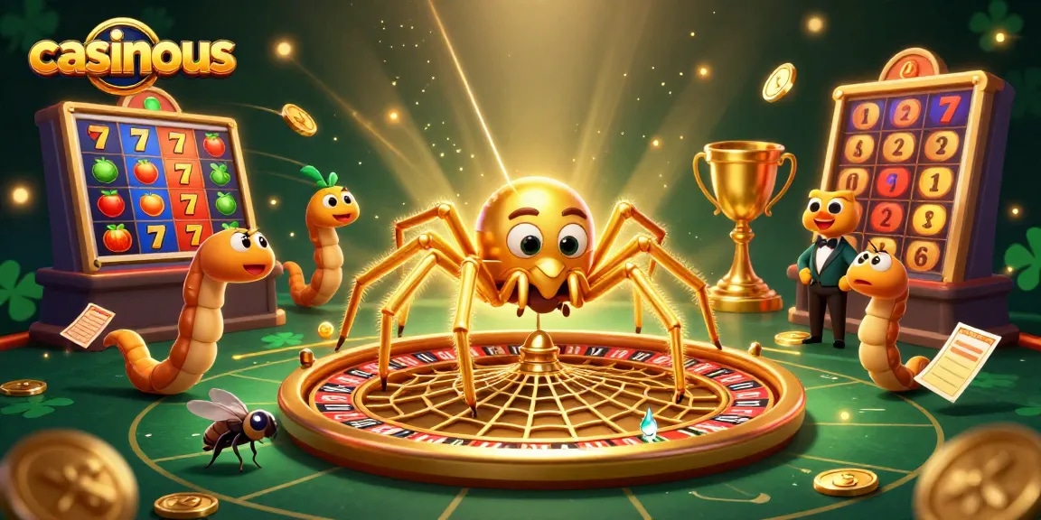 Casinous showcases thrilling gameplay as a fly nervously bets at a roulette wheel web spun by a golden spider.