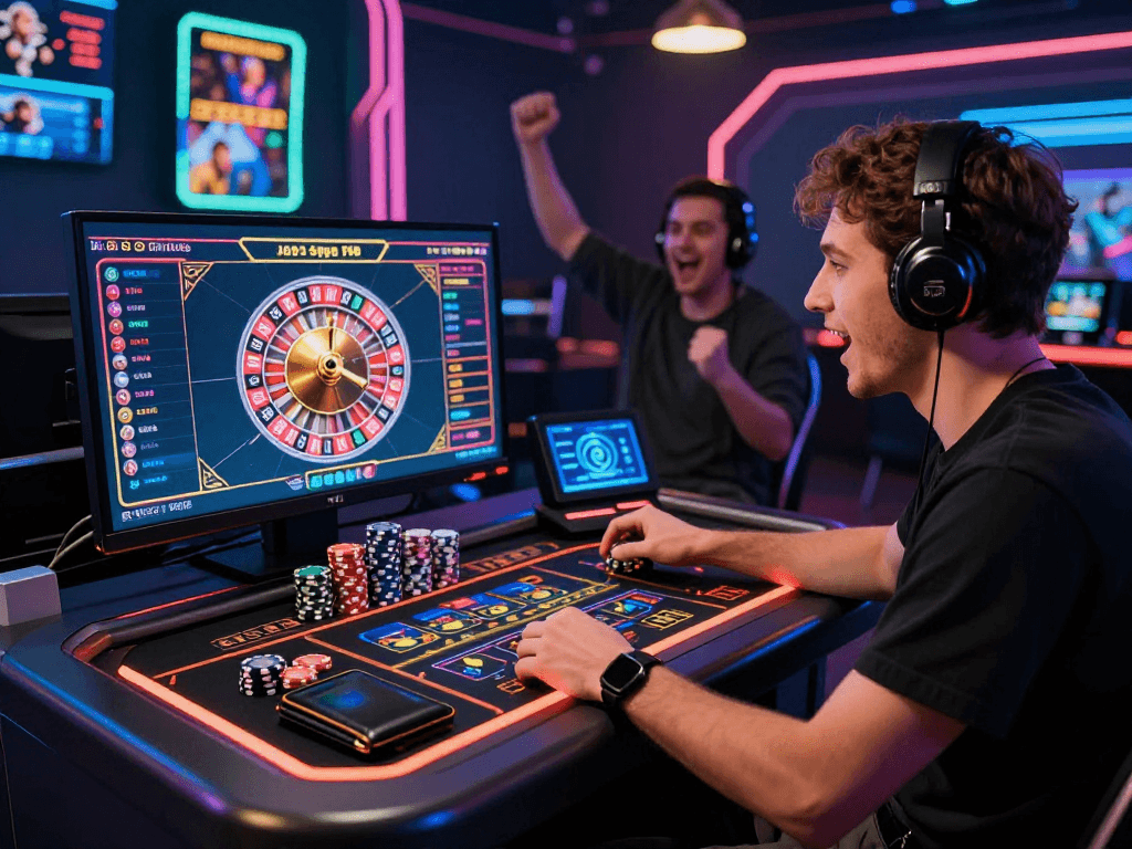 Immersive crypto casino experience with a player engaged at a vibrant gaming station.