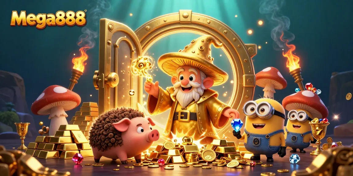 Experience the thrill of mega888 with golden treasures and enchanting characters in a vibrant casino scene.