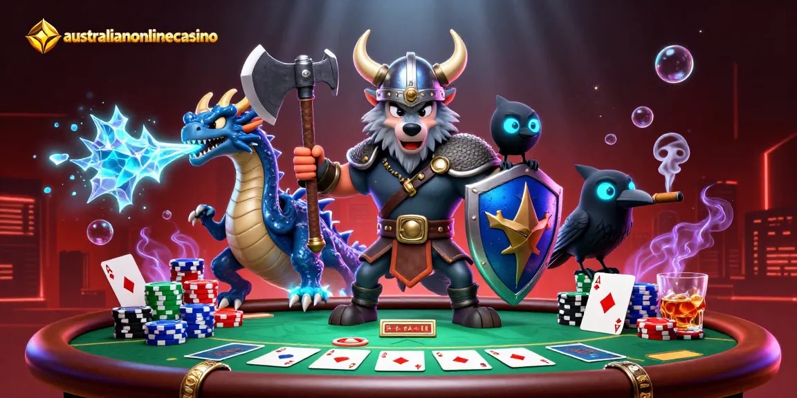 Engage with australianonlinecasino in a vibrant poker scene featuring a Viking wolf, ice-breathing dragon, and cartoon raven.