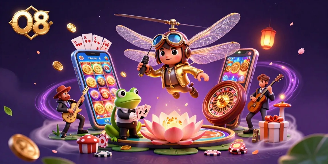 Experience thrilling games at O8's vibrant casino, featuring a lively dragonfly pilot and exciting card action.