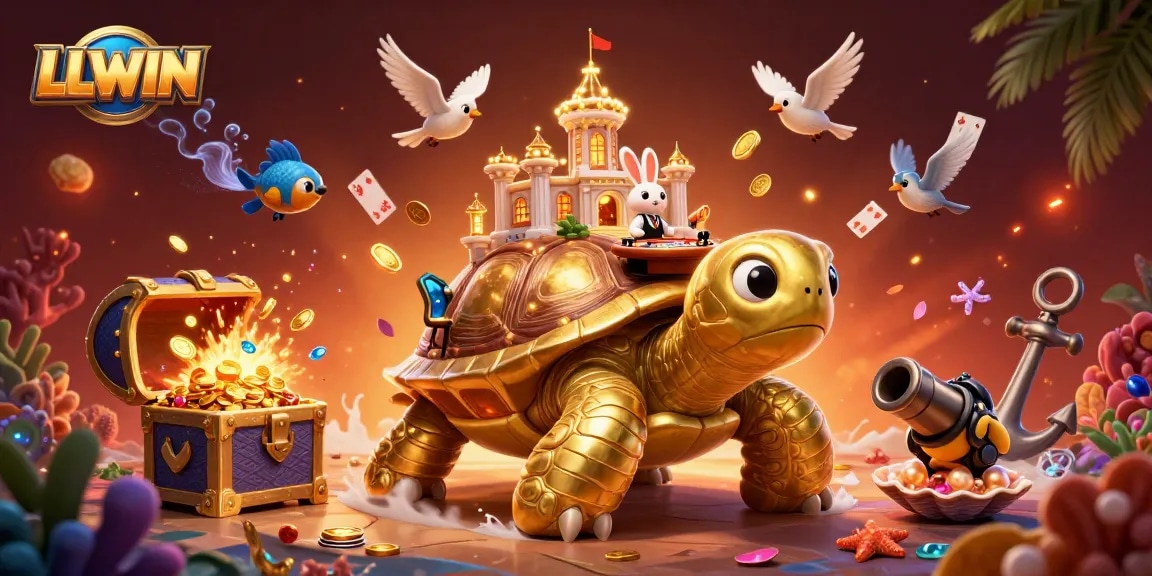 Experience thrilling gaming with LLWIN's dynamic casino scene featuring a golden tortoise and rabbit dealer.