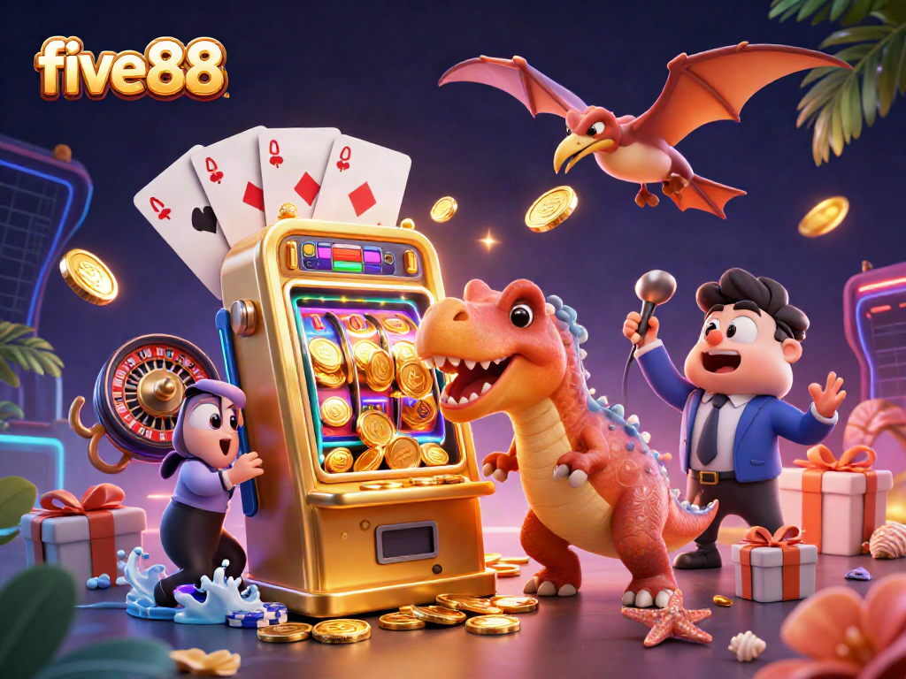 Engaging five88 scene with dynamic casino characters winning jackpots and golden coins.
