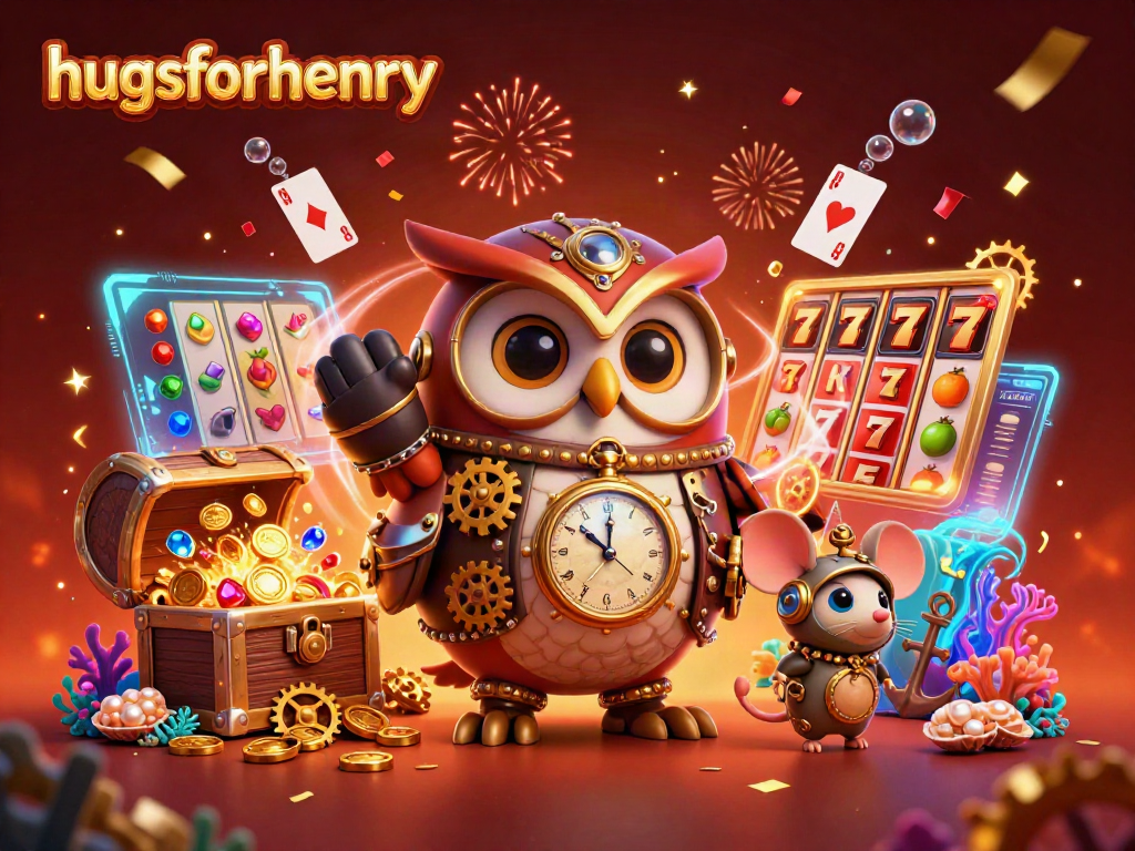 Win big with hugsforhenry: a vibrant 3D casino illustration filled with slot machines and gold treasures.
