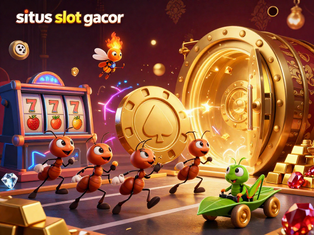 Situs slot gacor shines as cartoon ants steal a massive poker chip in a vibrant tunnel.