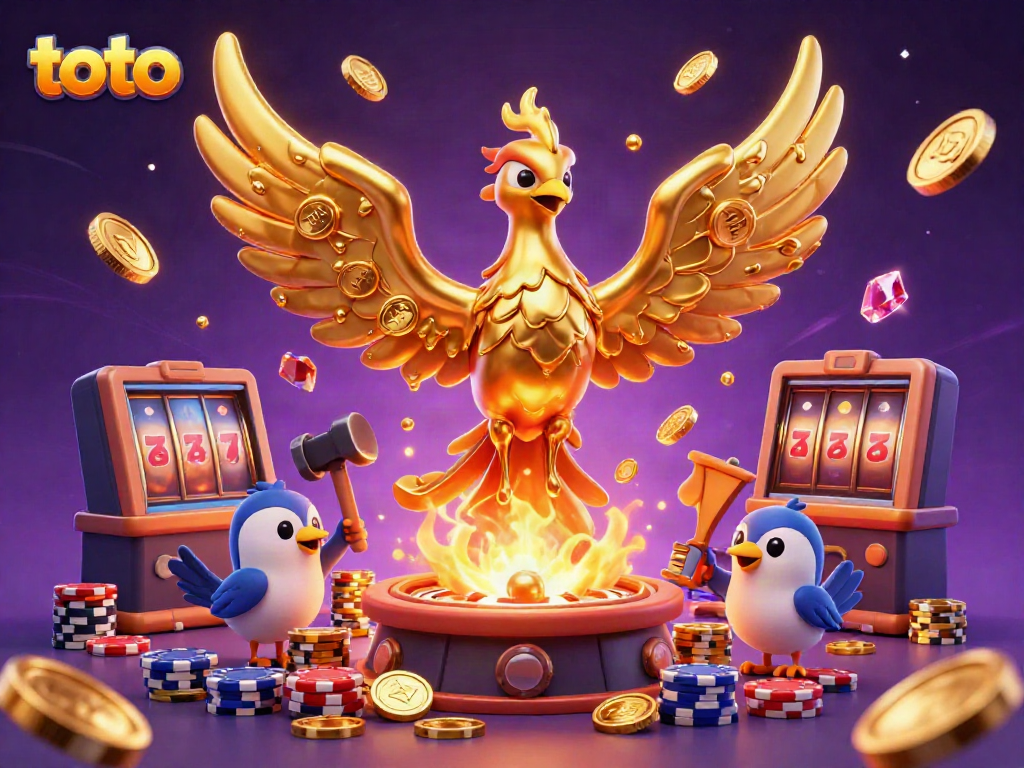 Experience thrilling gaming with toto's vibrant phoenix, golden coins, and spinning roulette.