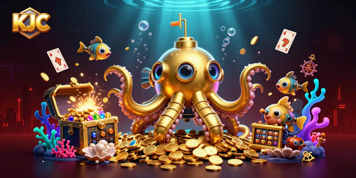 KJC players diving into excitement with a golden kraken submarine amidst vibrant casino treasures and games.