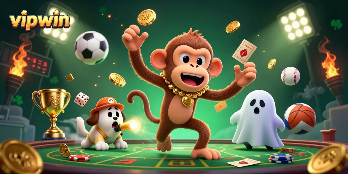 Experience excitement at vipwin with a 3D illustration of a playful poltergeist monkey juggling golden casino elements.