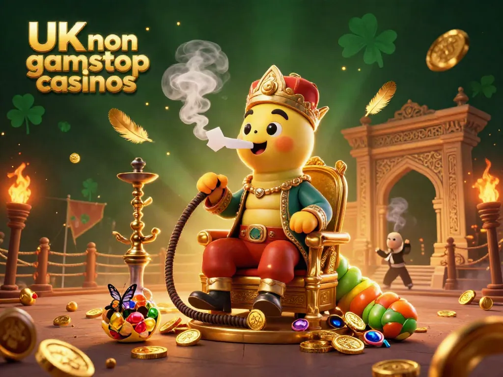 Engage with UK non gamstop casinos featuring a caterpillar hookah-master amidst vibrant casino elements.