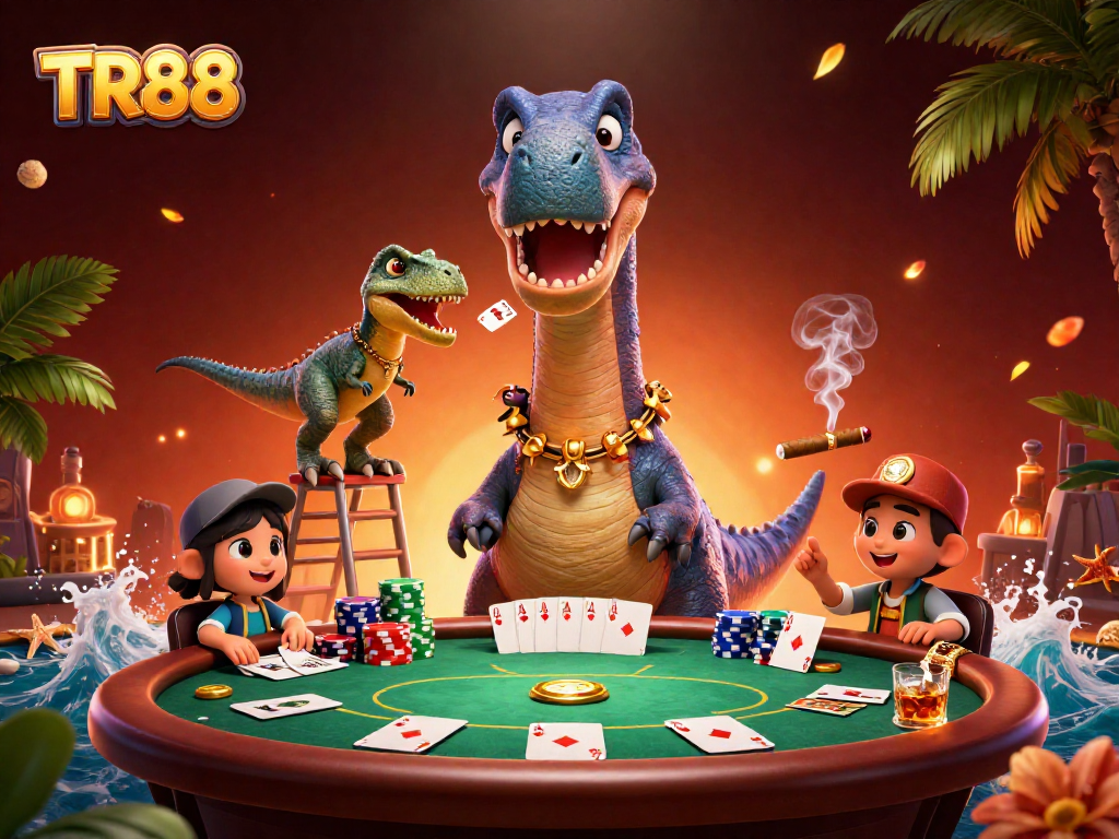 Engage in thrilling card deals at TR88 with a cartoon brontosaurus overseeing an exciting poker game.