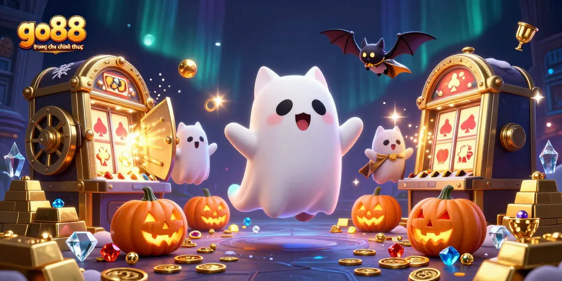 Play at go88 trang chu chinh thuc in a vibrant haunted casino scene with a ghost cat and treasures.