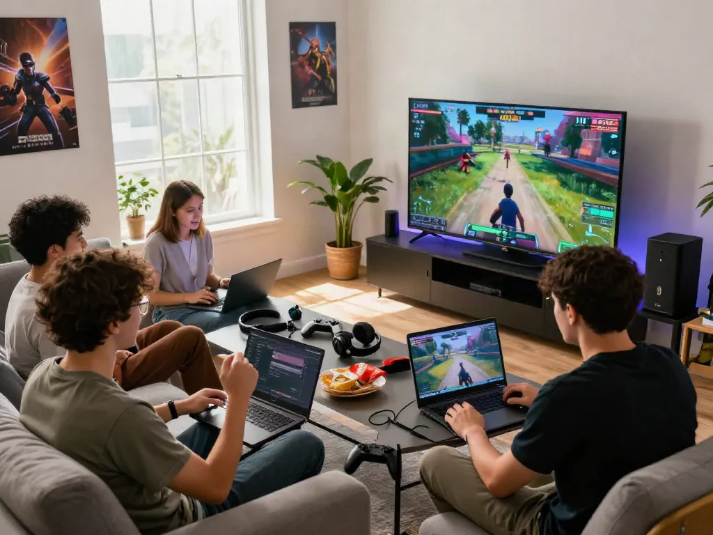 Engage with http://11bet-app.net/ in exciting multiplayer gaming sessions with friends in a lively living room setup.