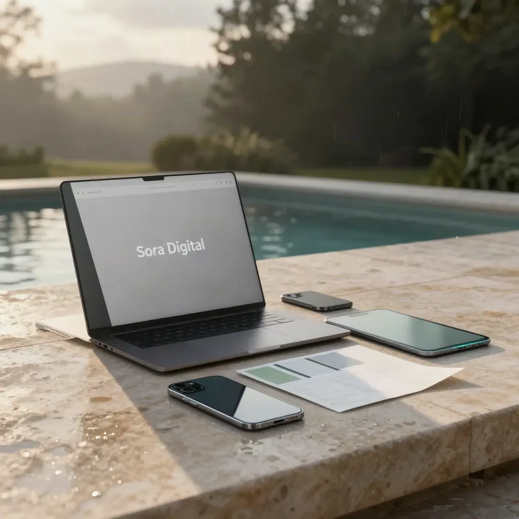 Open laptop launch bundle on wet stone with phone, swatches, and tablet in misty golden light