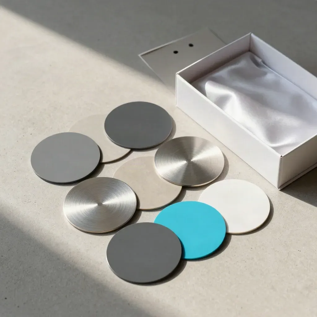 Overhead flatlay of a logo kit with discs, swatch cards and a presentation box on pale concrete.
