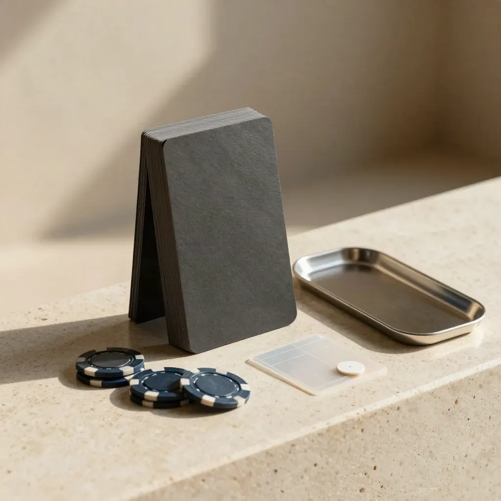 Matte PPC card stack, bid chips, and phone mockup on travertine with soft side light