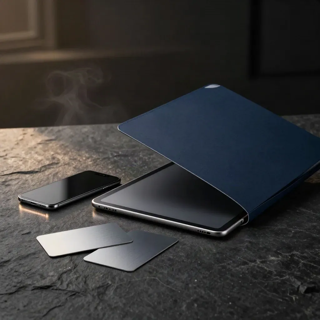 Open brand and SEO launch kit with tablet, phone and proof cards on dark stone in dramatic light