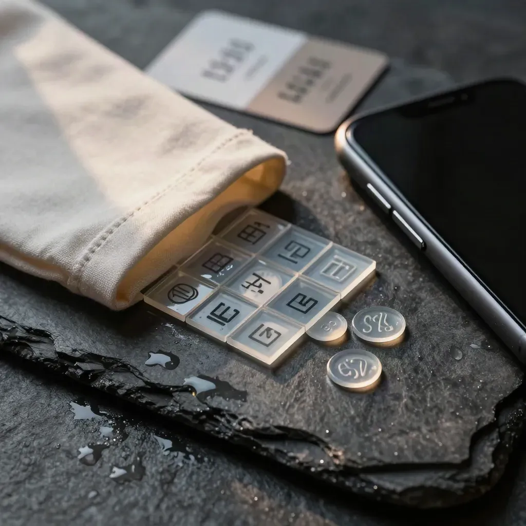 Frosted SEO kit sleeve with tiles and phone slab on wet stone, lit by a hard diagonal rim.