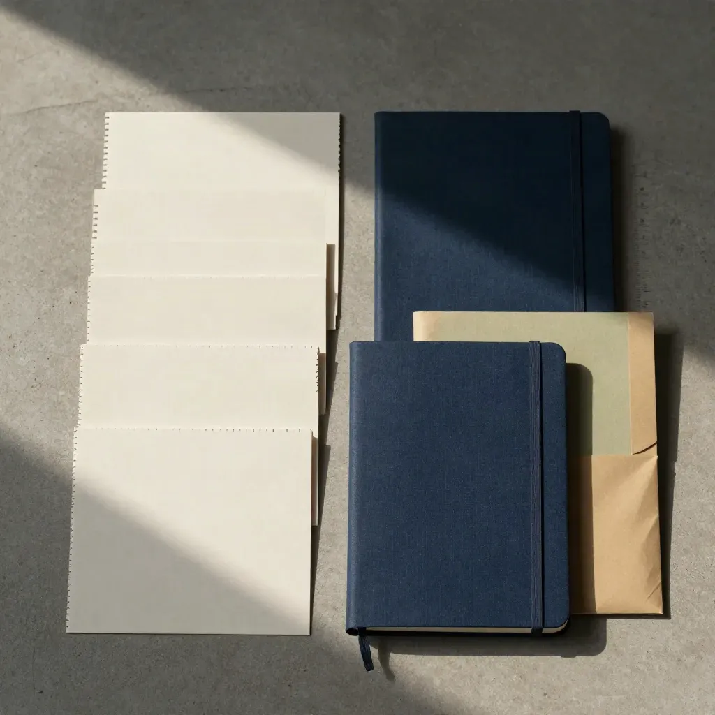 Overhead flatlay of navy notebook, wireframe cards and blank page blocks on concrete with soft shadows.