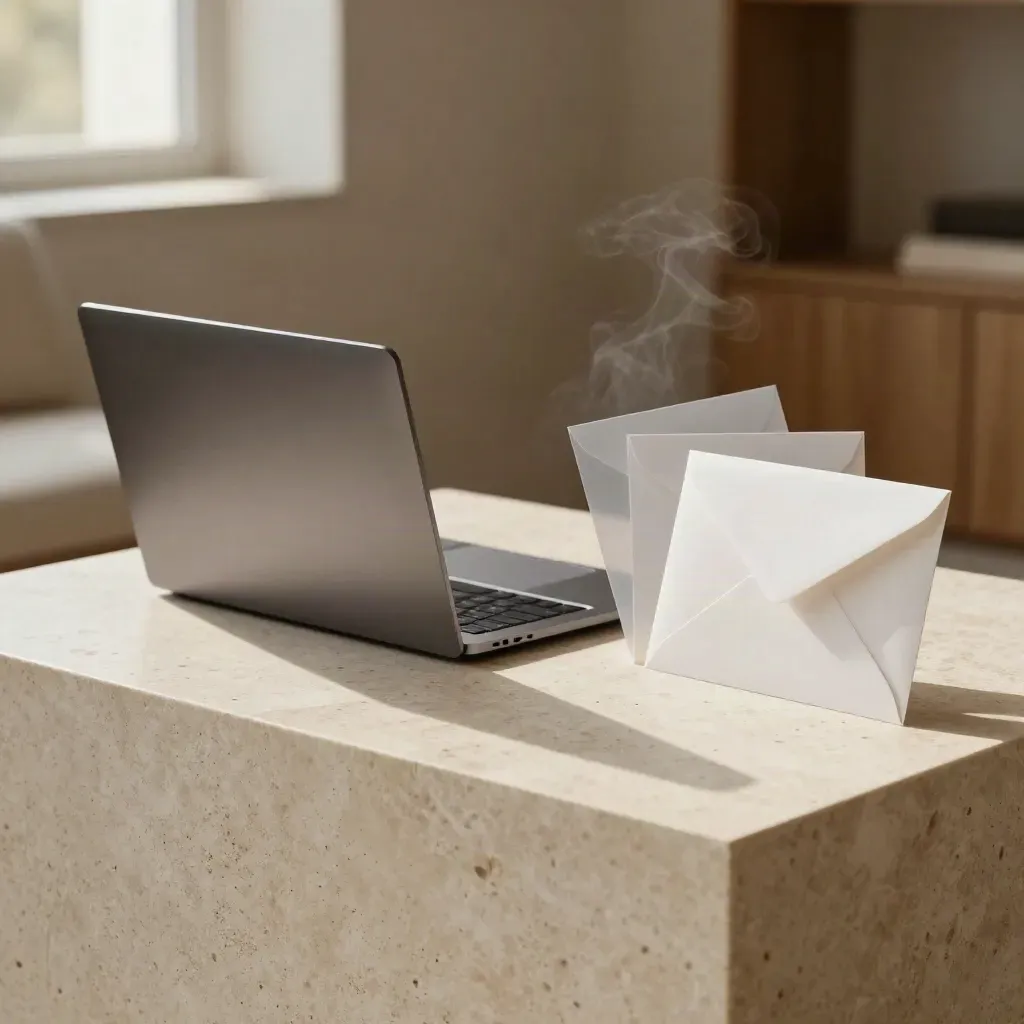 Welcome flow kit with a laptop and stepped cards on travertine, softly lit from one side.