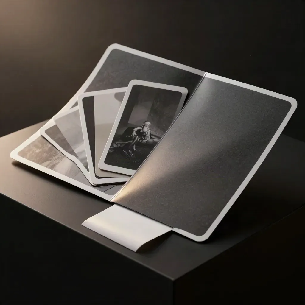 Layered social media mockup cards slipping from a sleeve on a dark studio plinth.