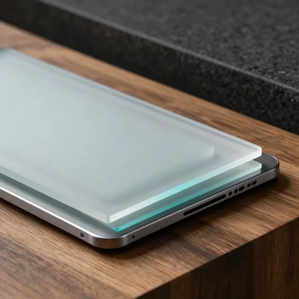 Frosted glass dashboard pieces stacking on a walnut surface with cyan highlights.