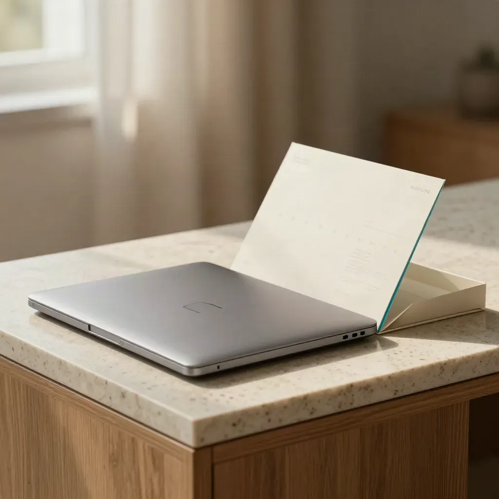 Compact laptop with folded cards and packaging mockups on travertine, softly lit with cyan accents.