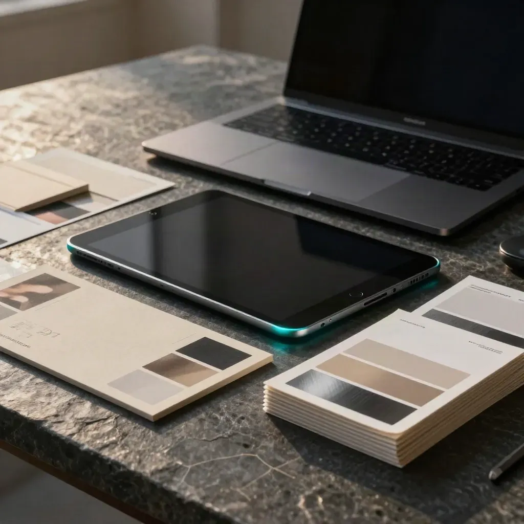 Dark launch kit with laptop, tablet, brand board and proof cards on stone, lit by a cyan edge flare.