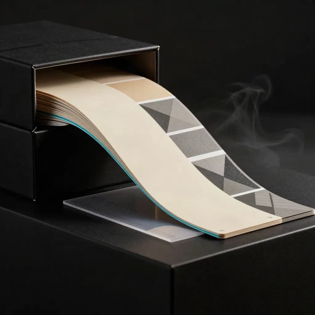 Guideline pack with swatches, geometry cards and a presentation box on a dark studio pedestal.