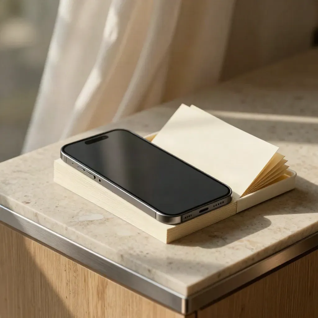 A review reply kit with stacked cards, phone mockup and fanned note slips on a limestone plinth.