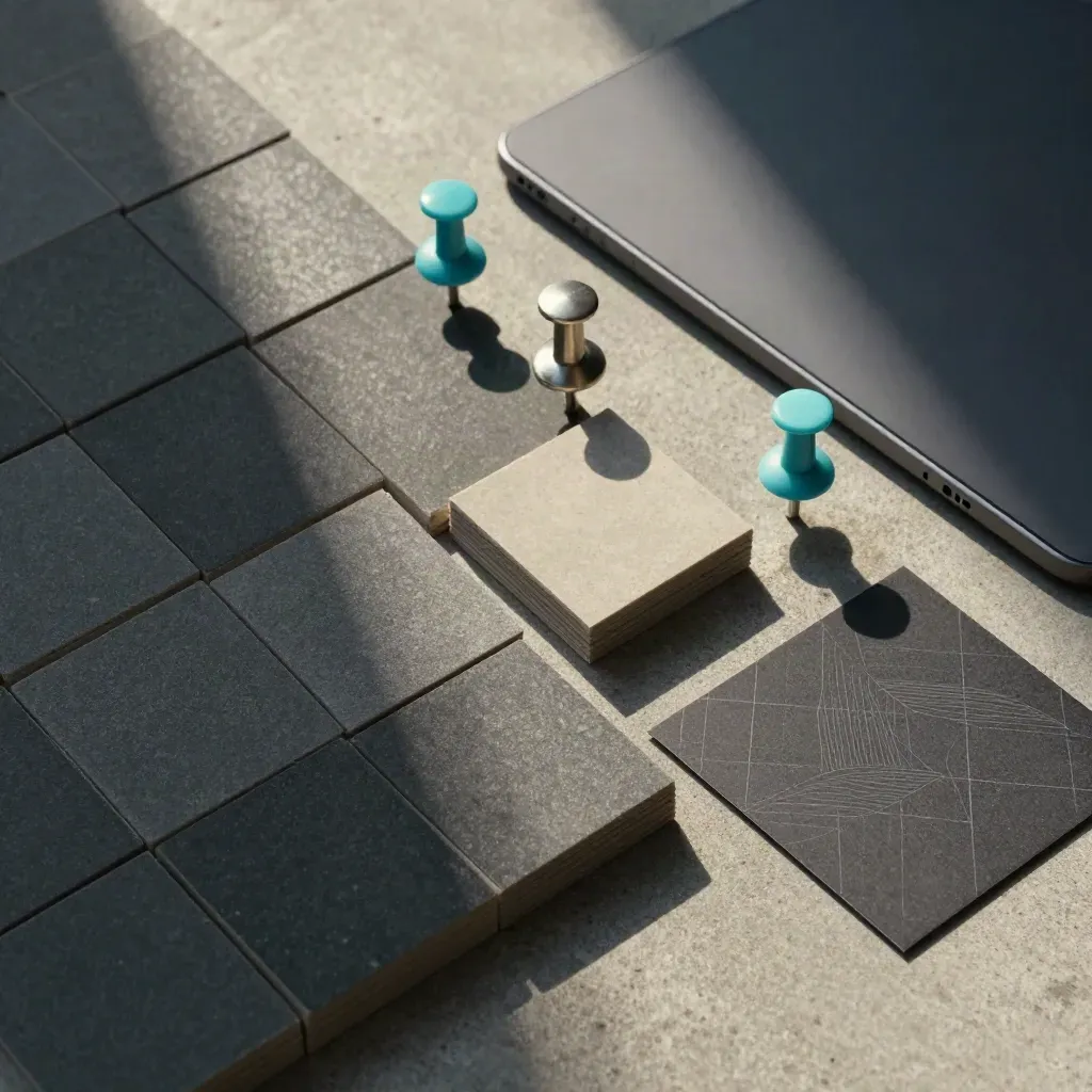 Overhead SEO audit kit with cyan markers, stacked tiles and a tablet on concrete.