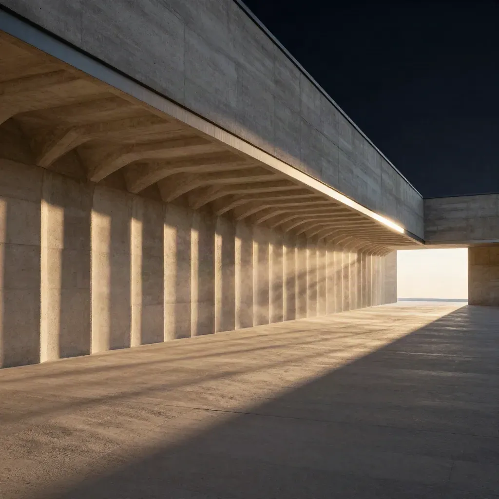 Sunlit concrete arcade with long shadows and a bright opening, calm lower space for copy.