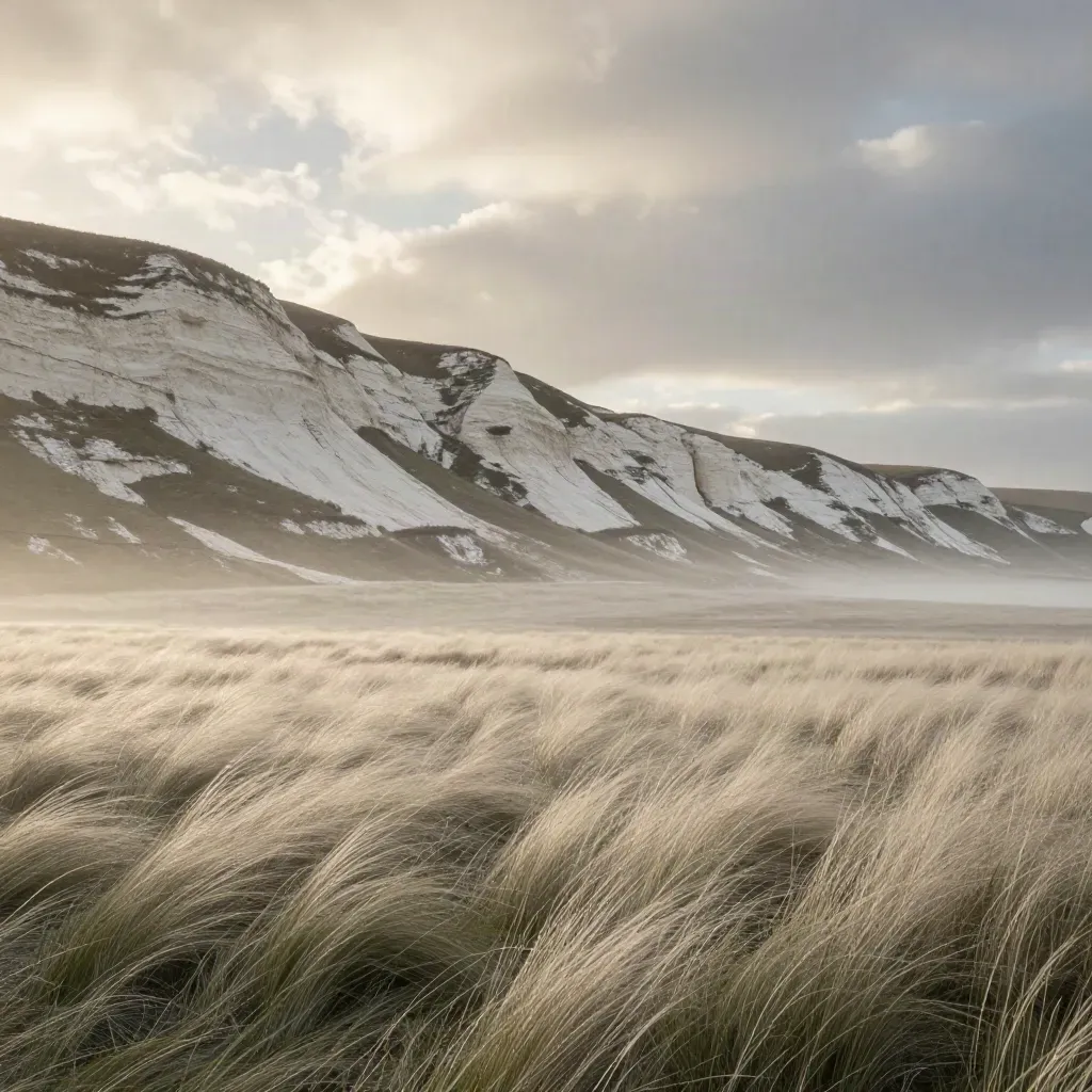 Chalk hillside with wind-swept grass and soft cloud breaks over a calm open field.