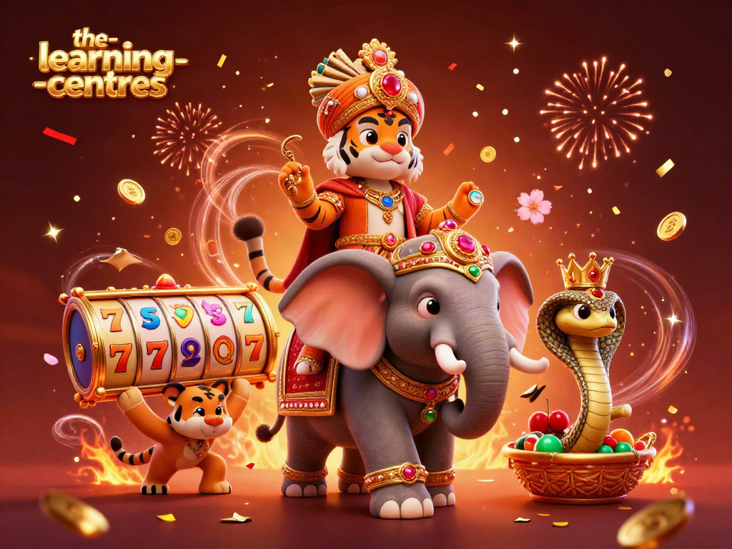 Engage with the-learning-centres through a vibrant casino-themed illustration of a maharaja tiger, elephant, and cobra.