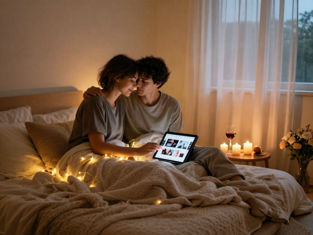 Engaged couple enjoying intimate moment with sex AI app in cozy bedroom ambiance.