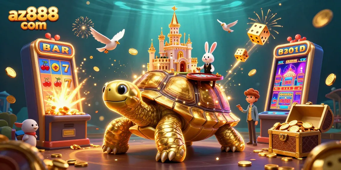 Experience vibrant gaming excitement at az888 com with a captivating golden tortoise casino scene filled with treasures.