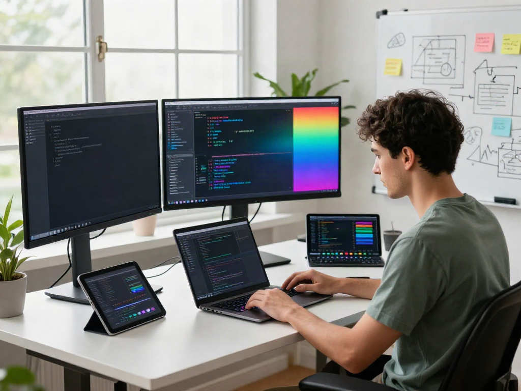 Web developer utilizing instant indexing tools in a modern workspace with multiple screens and coding elements.