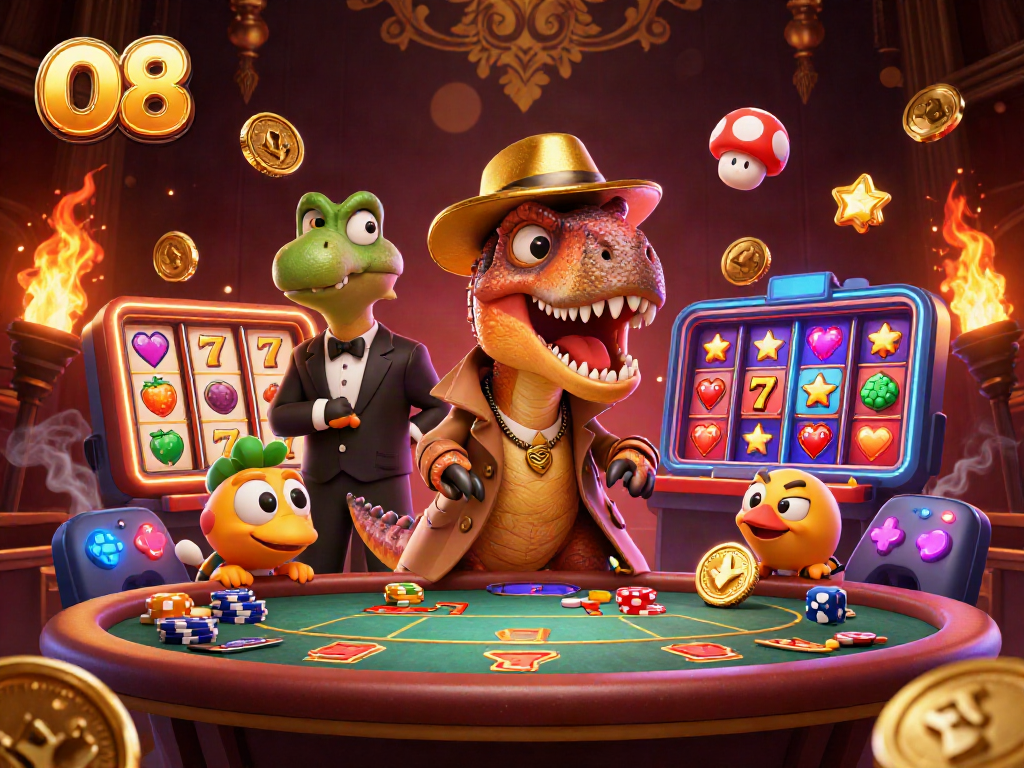 Experience O8's thrilling blackjack game as a velociraptor card counter and friends explore the casino.