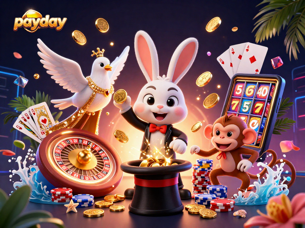 Win payday bonuses with a 3D scene of a magician rabbit, poker chips, and golden coins.