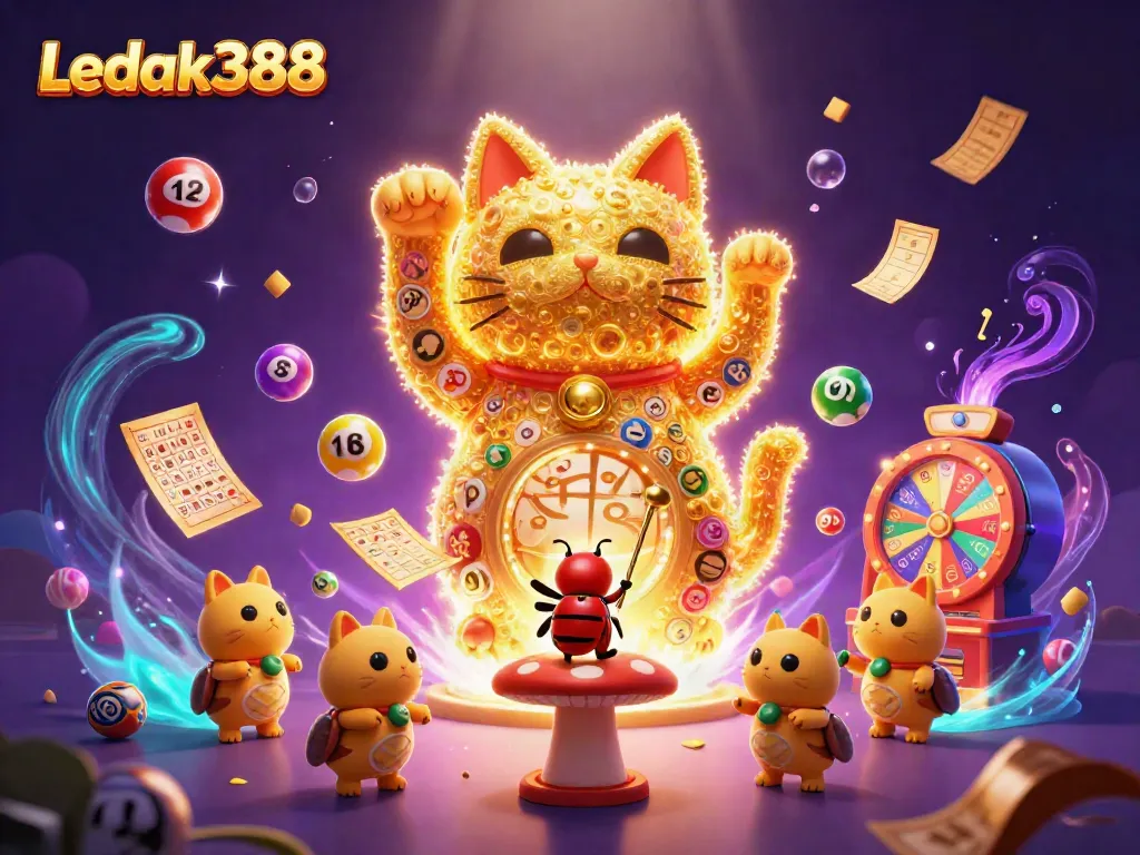 Experience winning moments with Ledak388 as a lucky cat and fireflies brighten the casino scene.