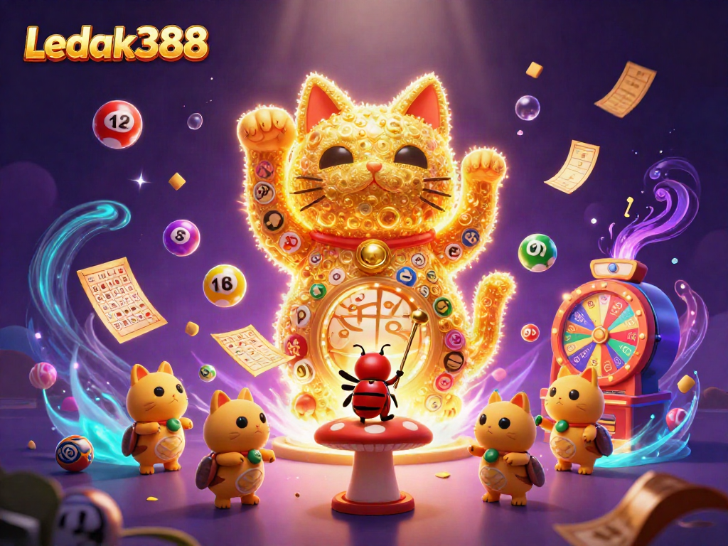 Experience winning moments with Ledak388 as a lucky cat and fireflies brighten the casino scene.
