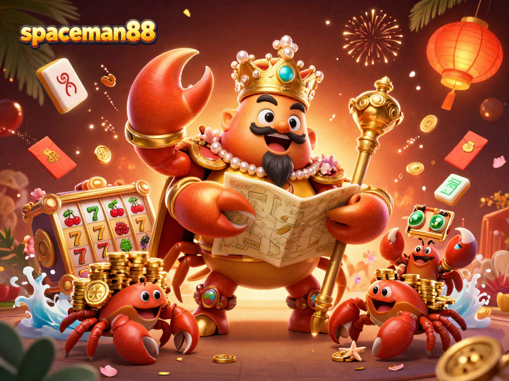 Experience jackpot wins with spaceman88 in this vibrant slot-themed illustration featuring unique characters and elements.