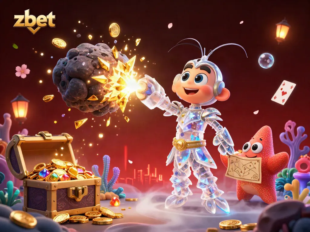 Zbet showcases a vibrant underwater casino realm with colorful elements, coins, and treasure bursting forth.