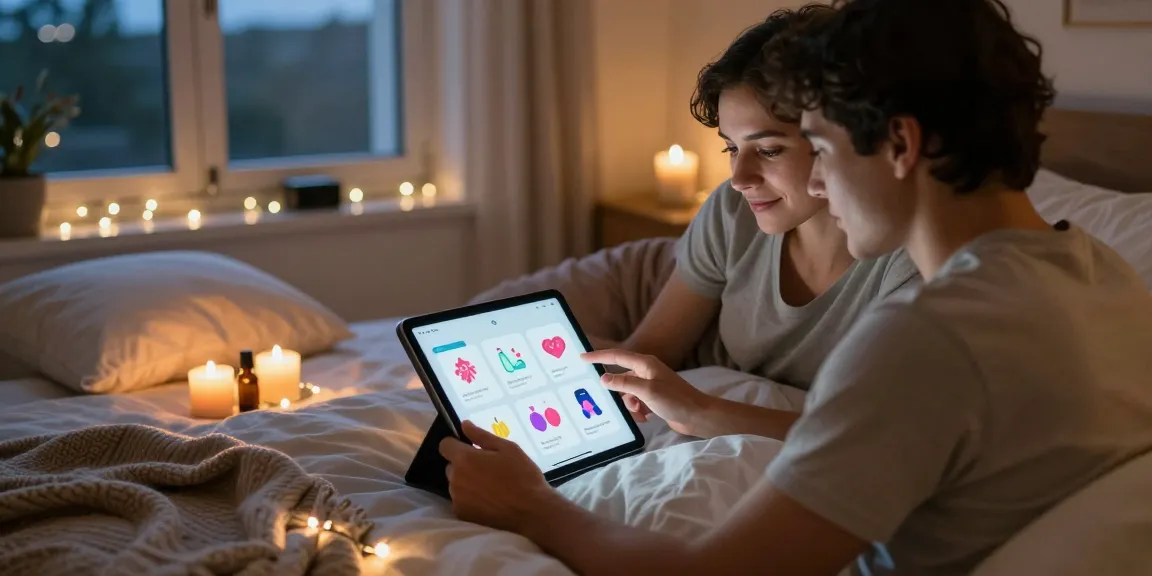 Couple exploring sex ai apps on tablet in a cozy bedroom