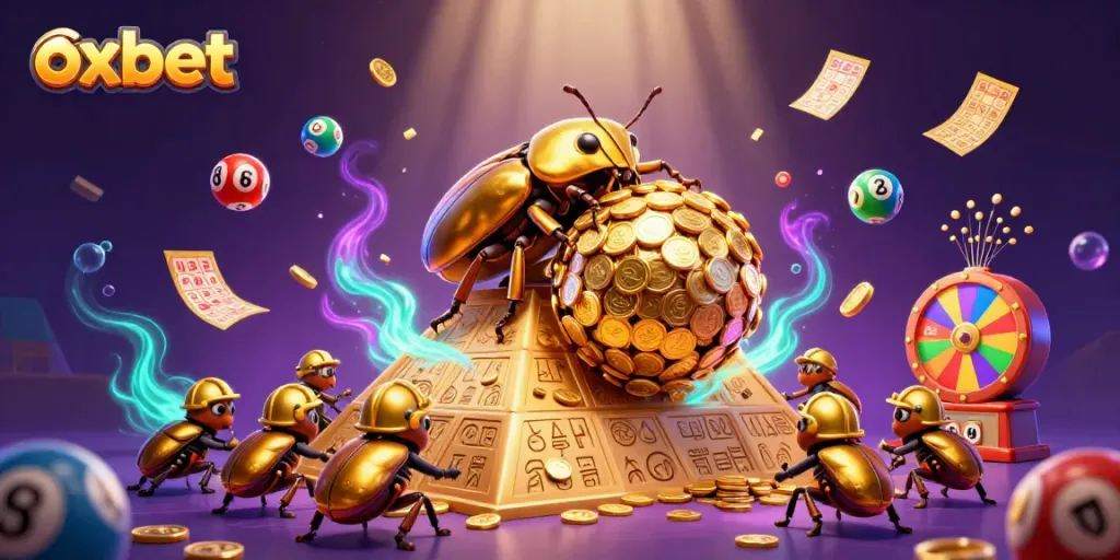 Engage with the oxbet experience as a golden beetle rolls coins amidst dynamic gambling symbols.
