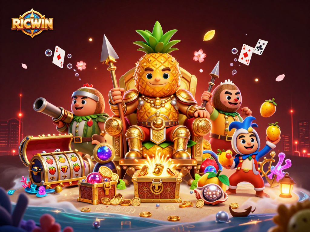Play engaging casino games with RICWIN, featuring a vibrant scene with rich gambling elements.