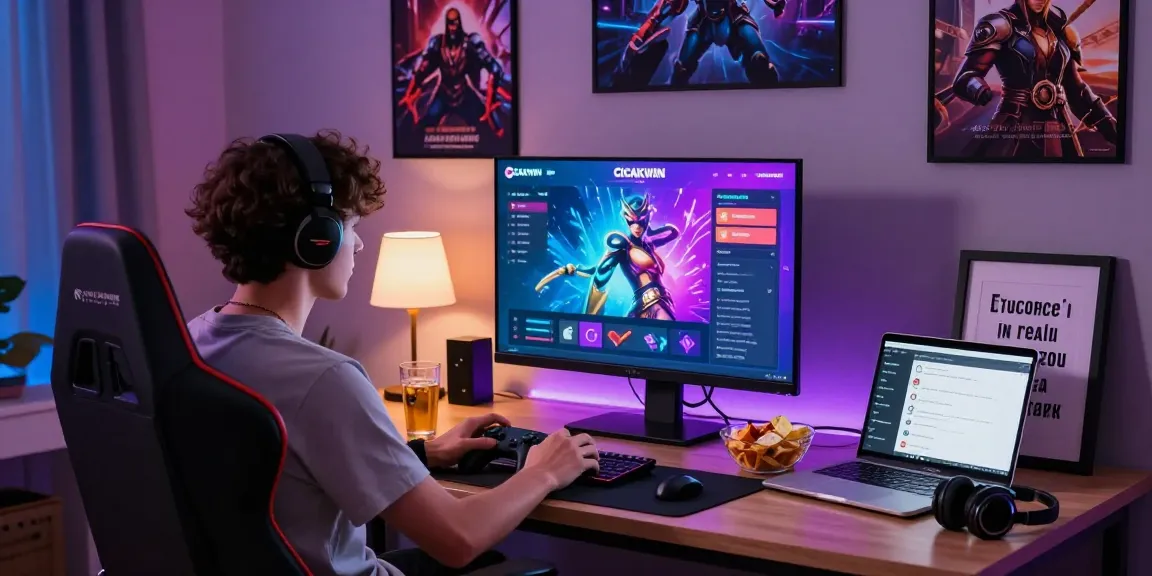 CICAKWIN online gaming scene with player engaged in vibrant interface and cozy atmosphere.