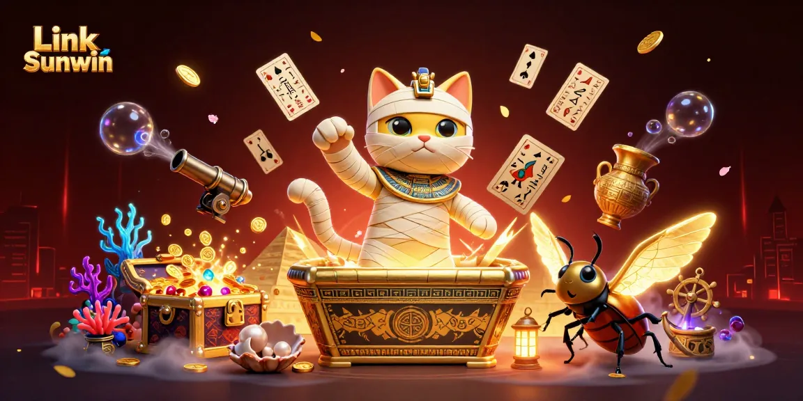 Experience the thrill of casino gameplay with Link Sunwin featuring a mummy cat and a scarab beetle.