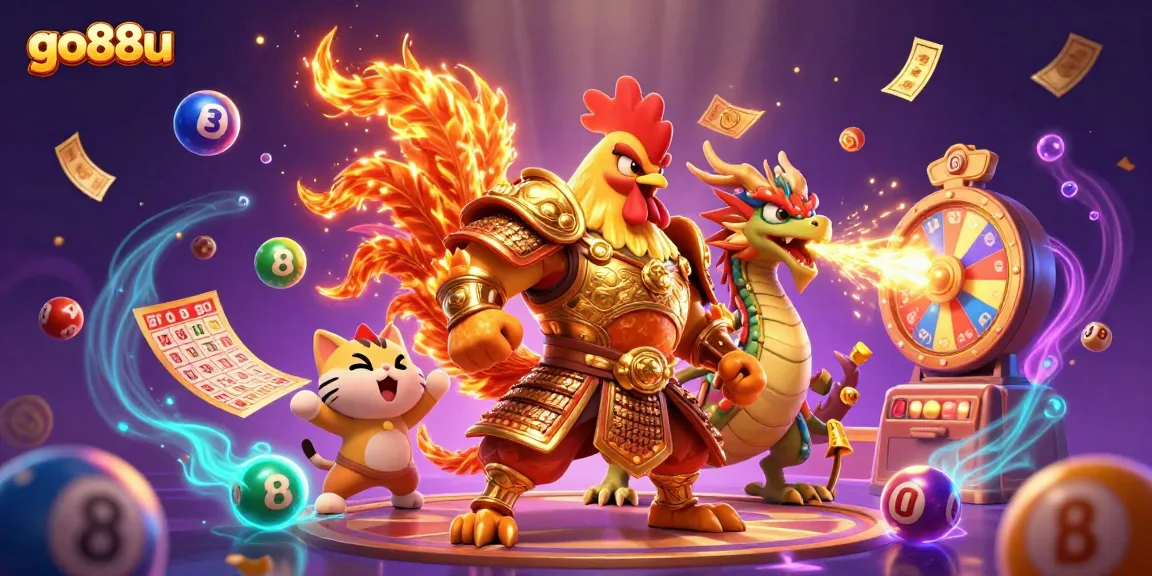 Win big with go88u in this vibrant casino scene featuring a fighting rooster and dragon.
